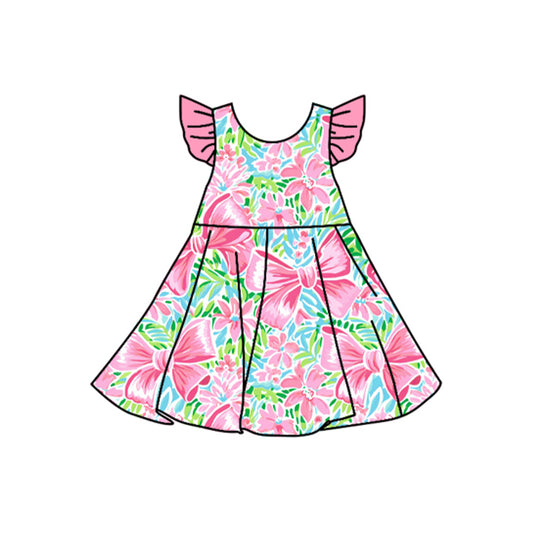 5.27 GSD2270 Pre order Pink flutter sleeves floral bow baby girls summer dress