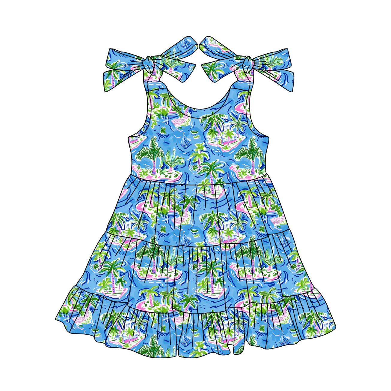 6.06  pre order Girls Sleeveless Watercolor Trees Boat Print Top Shorts Set Summer Clothing Casual Breathable Outfit for Little Girls