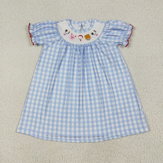 GSD2275 RTS NO MOQ Baby Girls Summer Dress Cow pig chicken blue plaid short sleeves girls dresses