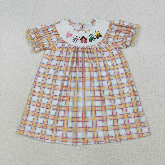 RTS NO MOQ （In stock） GSD2276 Baby Girls Summer Dress Cow tractor plaid short sleeves farm girls dresses