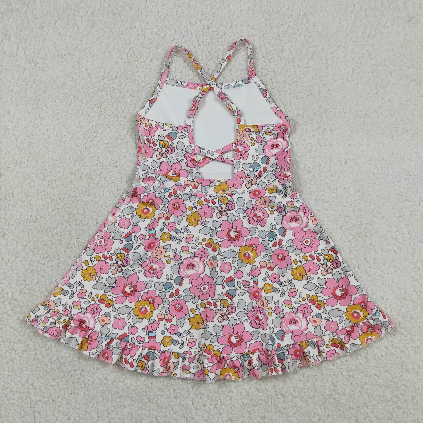 GSD2278 RTS NO MOQ （In stock ）Straps pink floral ruffle kids girls athletic dresses