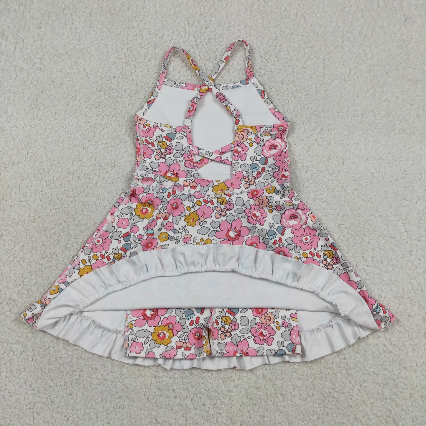 GSD2278 RTS NO MOQ （In stock ）Straps pink floral ruffle kids girls athletic dresses