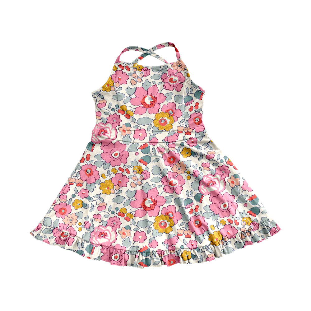 6.02   Pre order Kids Girls Pink Yellow Floral Ruffle Athletic Dresses Strap Style Floral Print Girls Dress Straps Pink Yellow Ruffle Kids Girls Dress