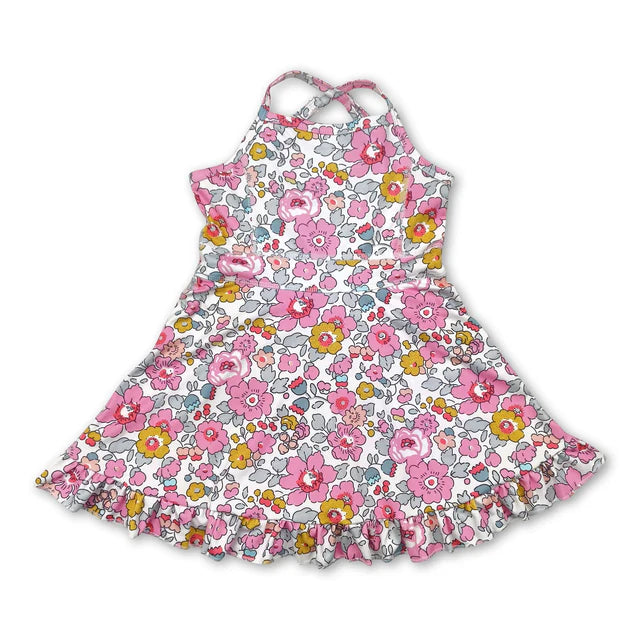 USA Warehouse (IN STOCK) Baby girls Solid color Straps floral ruffle athletic dresses and swimsuit set