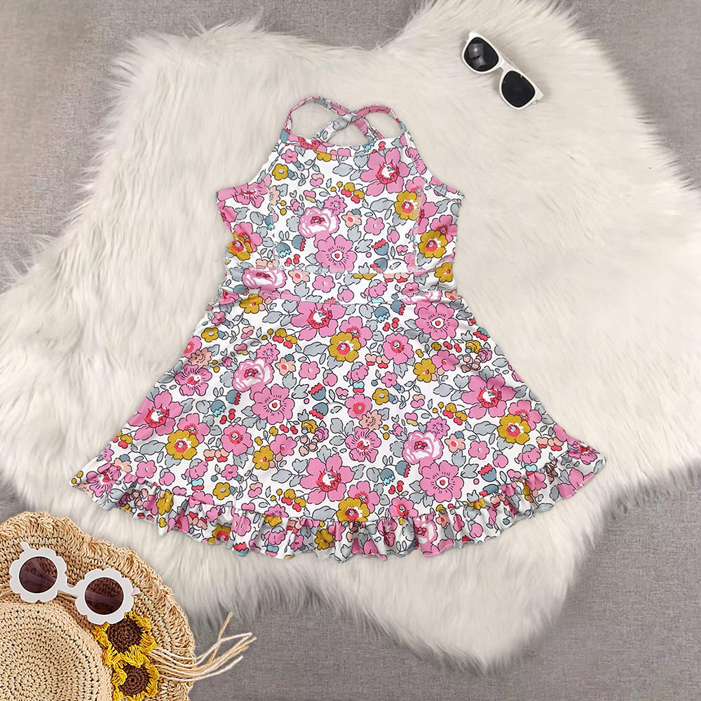 8.18  Sibling Baby Girls Summer Yoga Dress Straps pink yellow floral ruffle kids girls athletic dresses