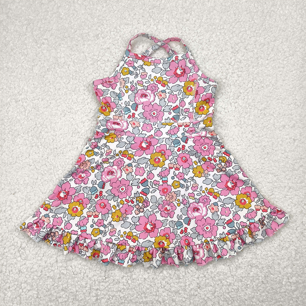 4.11 GSD2278 RTS NO MOQ Baby Girls Summer Yoga Dress Straps pink floral ruffle kids girls athletic dresses