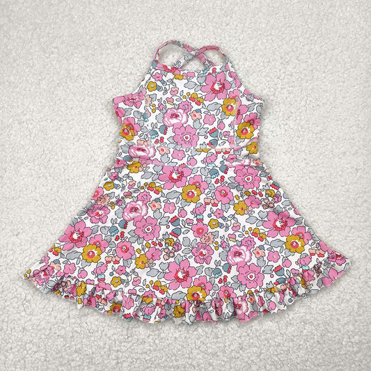 4.11 GSD2278 RTS NO MOQ Baby Girls Summer Yoga Dress Straps pink floral ruffle kids girls athletic dresses
