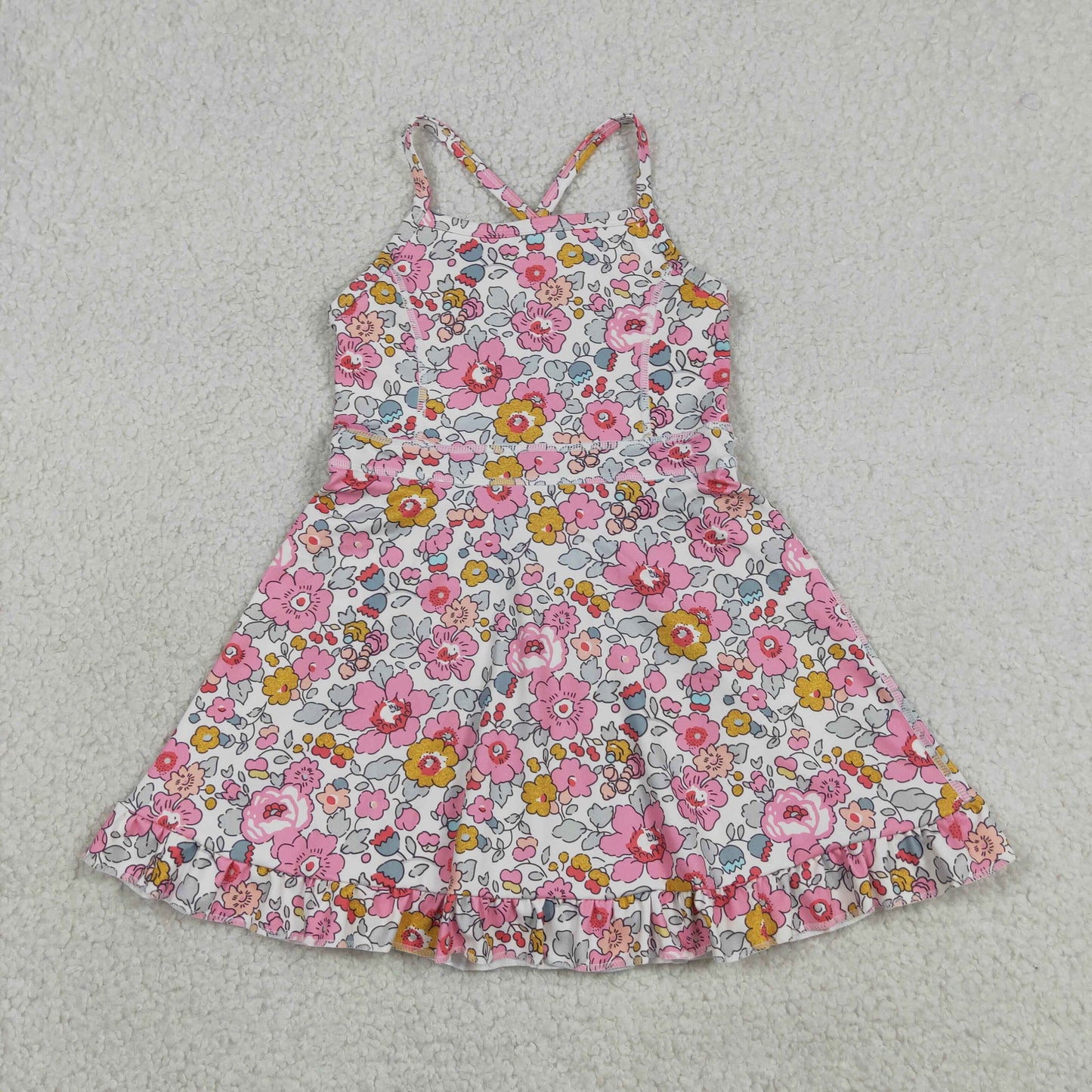 GSD2278 RTS NO MOQ （In stock ）Straps pink floral ruffle kids girls athletic dresses