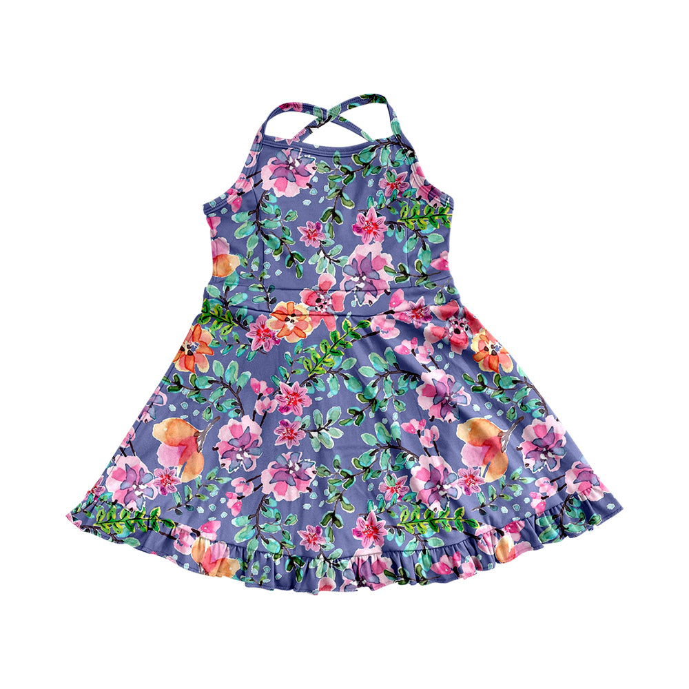 6.02   Pre order Kids Girls Pink Yellow Floral Ruffle Athletic Dresses Strap Style Floral Print Girls Dress Straps Pink Yellow Ruffle Kids Girls Dress