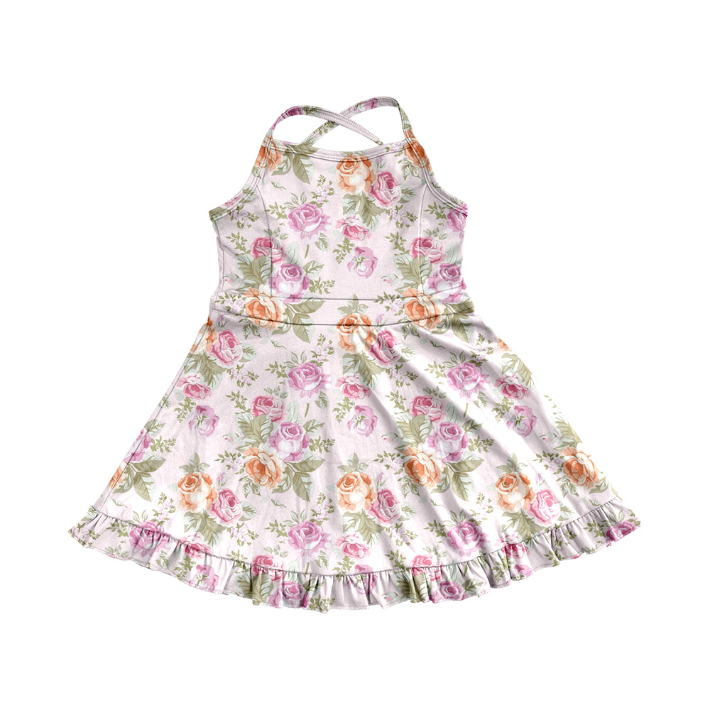 6.02   Pre order Kids Girls Pink Yellow Floral Ruffle Athletic Dresses Strap Style Floral Print Girls Dress Straps Pink Yellow Ruffle Kids Girls Dress