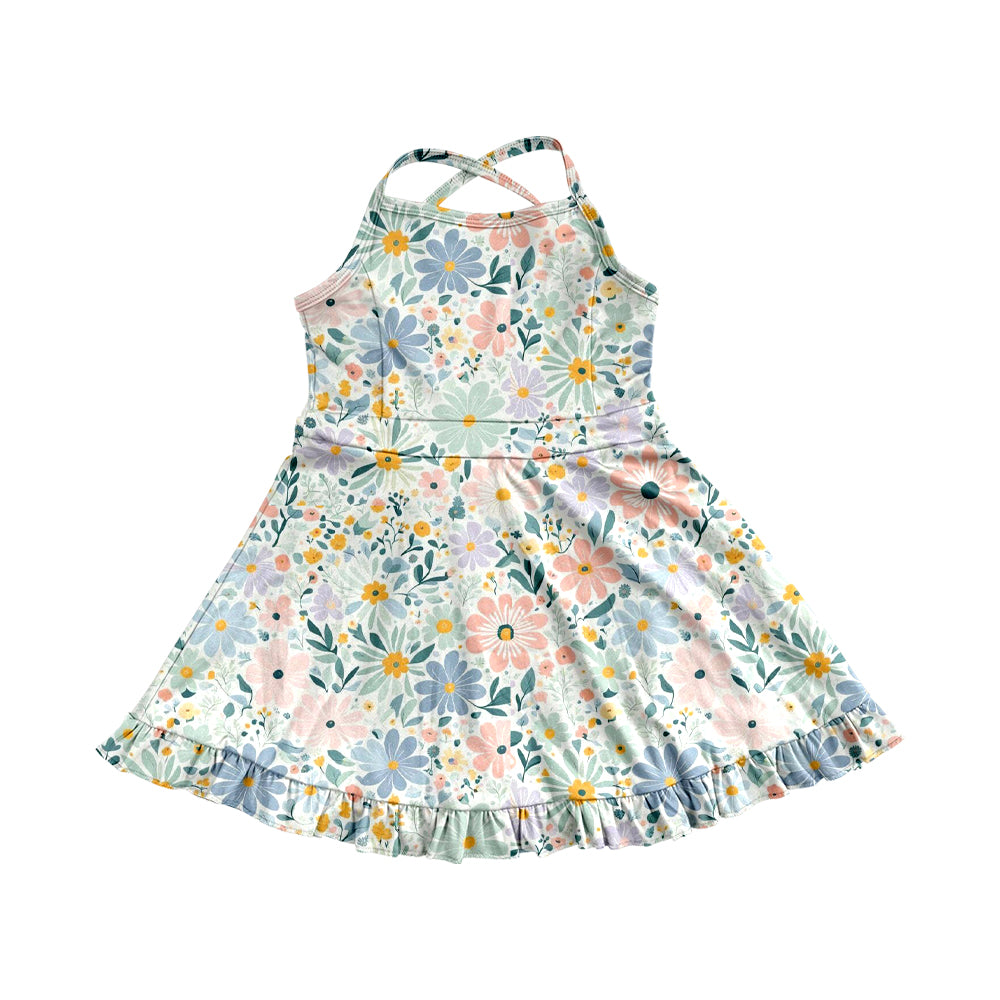 6.02   Pre order Kids Girls Pink Yellow Floral Ruffle Athletic Dresses Strap Style Floral Print Girls Dress Straps Pink Yellow Ruffle Kids Girls Dress