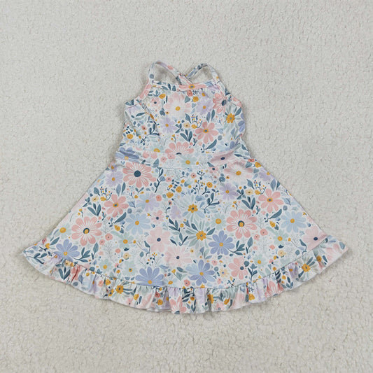 6.18 GSD2281RTS NO MOQ  Baby Girls Summer Yoga Dress Baby Girls Aqua Strap Floral Yoga Ruffle Knee Length Dresses
