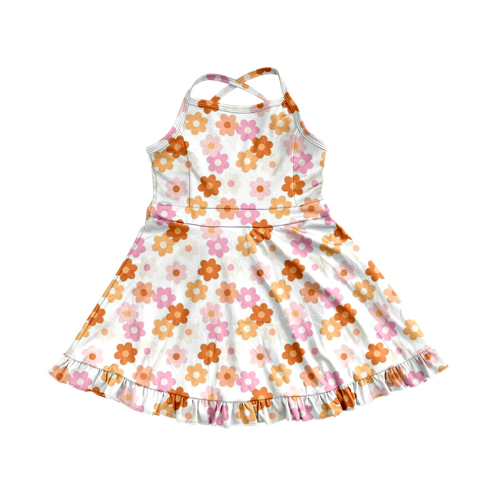 6.02   Pre order Kids Girls Pink Yellow Floral Ruffle Athletic Dresses Strap Style Floral Print Girls Dress Straps Pink Yellow Ruffle Kids Girls Dress