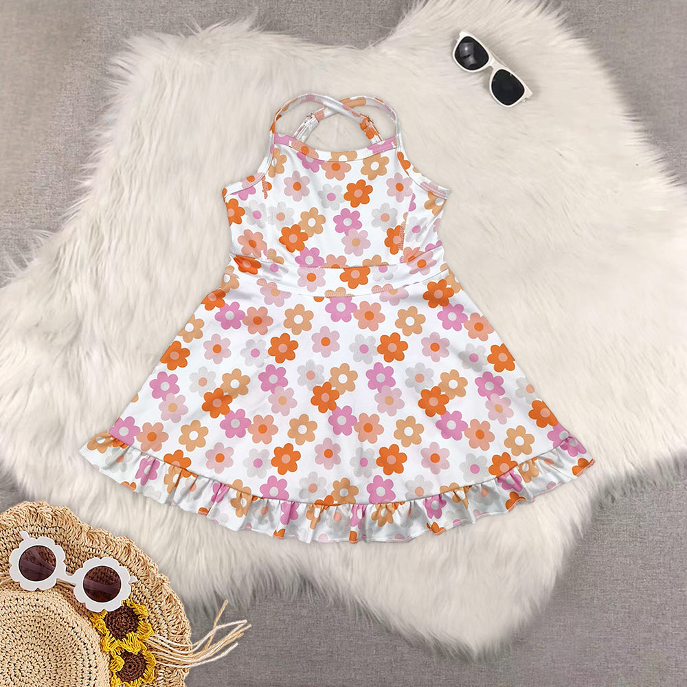 8.18  Sibling Baby Girls Summer Yoga Dress Straps pink yellow floral ruffle kids girls athletic dresses