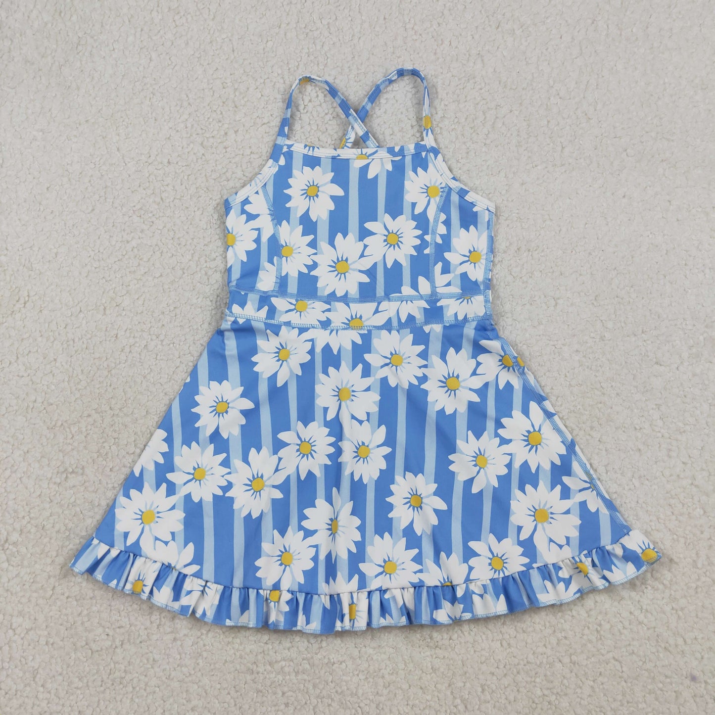 3.26 RTS NO MOQ （In stock）GSD2283 Kids Fashion Clothes Baby Girls Strap Blue Stripe Floral Yoga Ruffle Knee Length Dresses