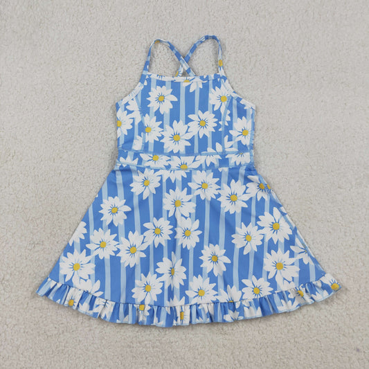 3.26 RTS NO MOQ （In stock）GSD2283 Kids Fashion Clothes Baby Girls Strap Blue Stripe Floral Yoga Ruffle Knee Length Dresses