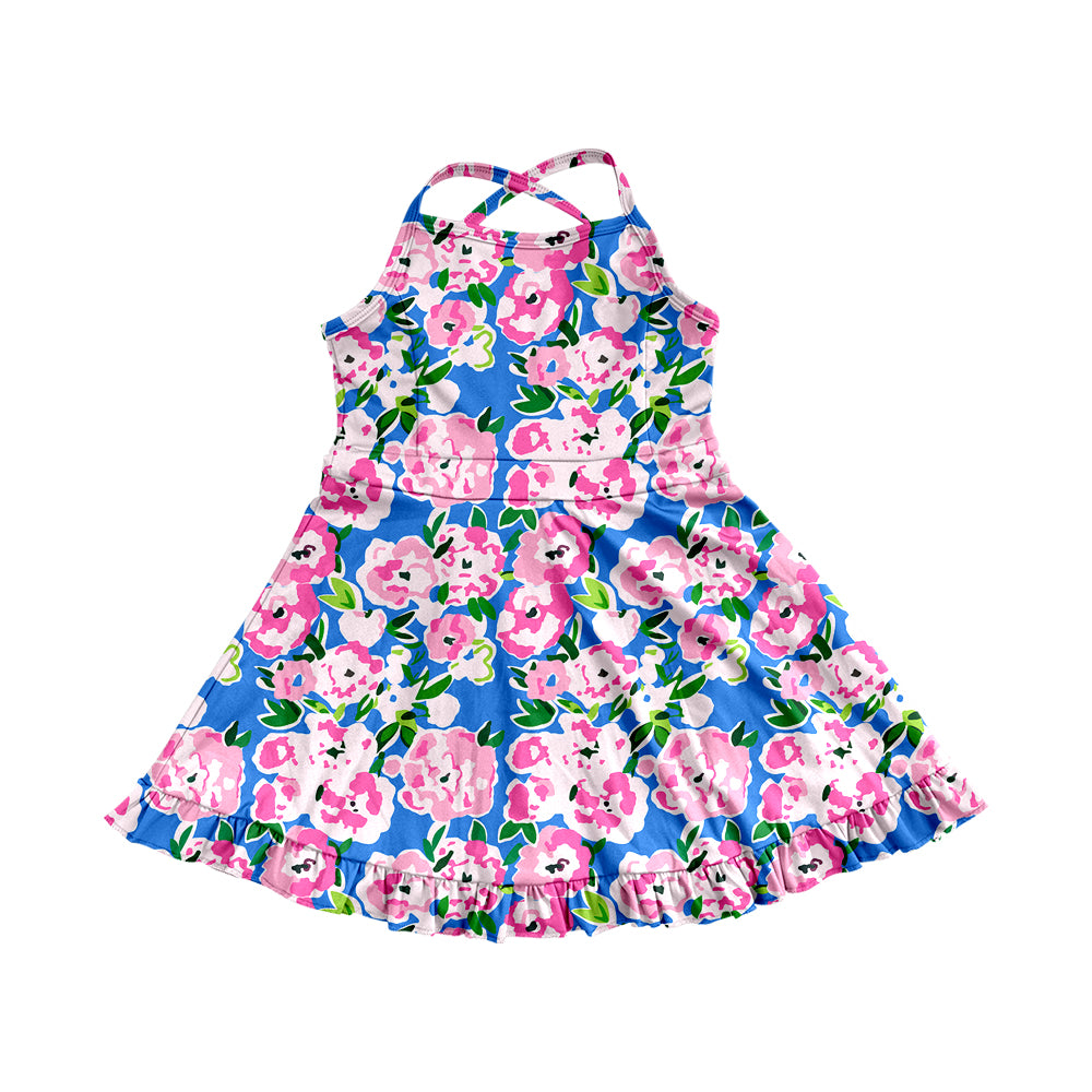6.02   Pre order Kids Girls Pink Yellow Floral Ruffle Athletic Dresses Strap Style Floral Print Girls Dress Straps Pink Yellow Ruffle Kids Girls Dress
