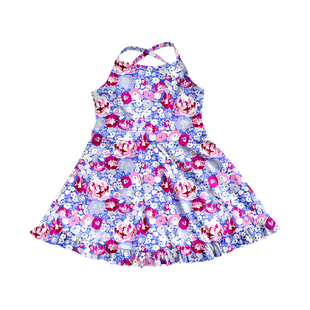 6.02   Pre order Kids Girls Pink Yellow Floral Ruffle Athletic Dresses Strap Style Floral Print Girls Dress Straps Pink Yellow Ruffle Kids Girls Dress