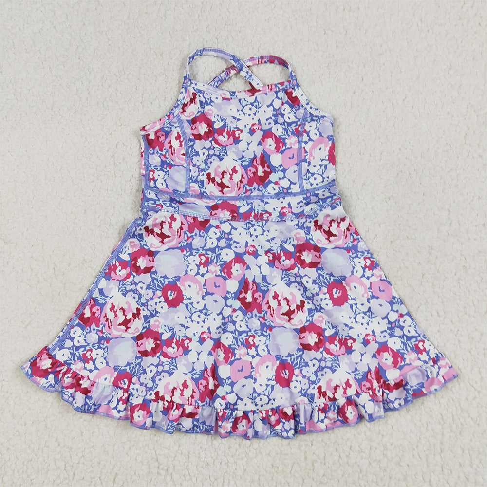 8.12   GSD2285 RTS NO MOQ Baby Girls Summer Yoga Dress Baby Girls Lavender Strap Colorful Floral Yoga Ruffle Knee Length Dresses