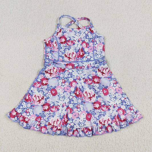 8.12   GSD2285 RTS NO MOQ Baby Girls Summer Yoga Dress Baby Girls Lavender Strap Colorful Floral Yoga Ruffle Knee Length Dresses