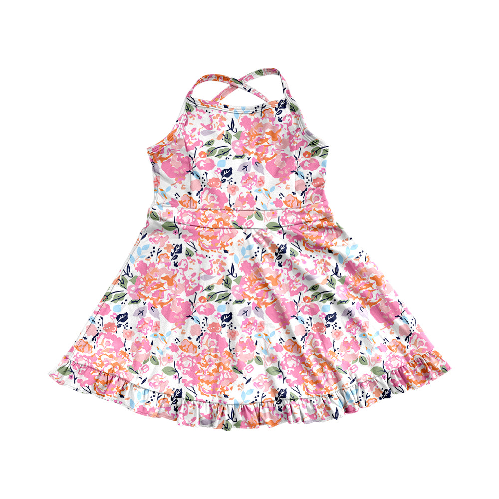6.02   Pre order Kids Girls Peach Floral Ruffle Athletic Dresses Straps Cute Floral Print Girls Dress Summer Sleeveless Gymnastics Dancewear