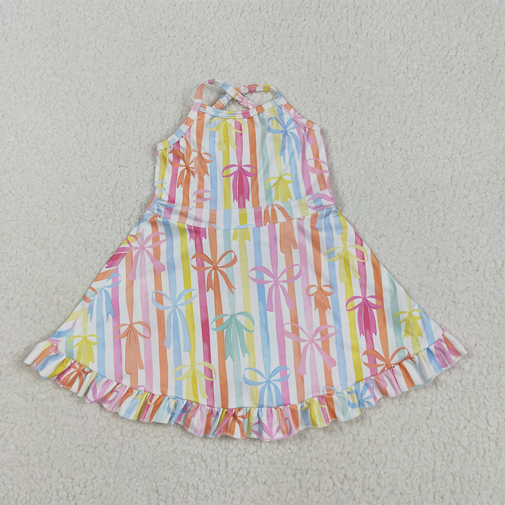 6.18 GSD2288RTS NO MOQ Baby Girls Summer Yoga Dress Baby Girls Strap Colorful Bows Stripe Yoga Ruffle Knee Length Dresses