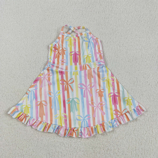 6.18 GSD2288RTS NO MOQ Baby Girls Summer Yoga Dress Baby Girls Strap Colorful Bows Stripe Yoga Ruffle Knee Length Dresses