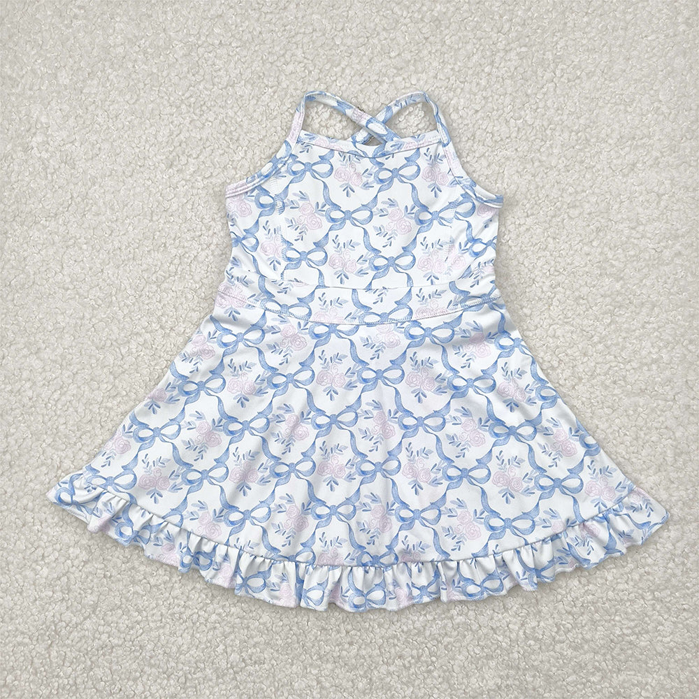 4.09 GSD2580 RTS NO MOQ Baby Girls Summer Dress Baby Girls Active Wear Blue Bow Pink Flower Yoga Dress