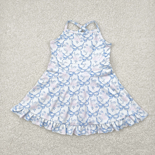 4.09 GSD2580 RTS NO MOQ Baby Girls Summer Dress Baby Girls Active Wear Blue Bow Pink Flower Yoga Dress