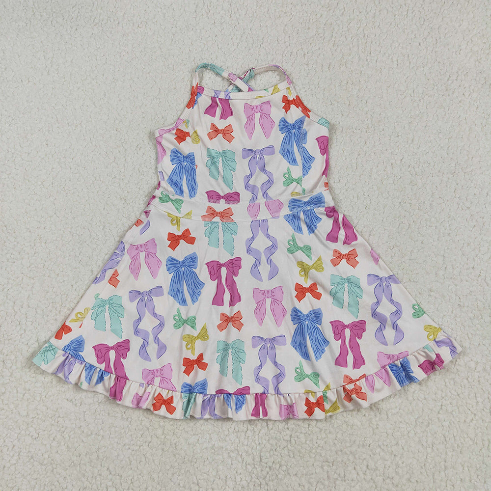 7.16 GSD2291 RTS NO MOQ Baby Girls Summer Yoga Dress Baby Girls Strap Colorful Bows Yoga Ruffle Knee Length Dresses