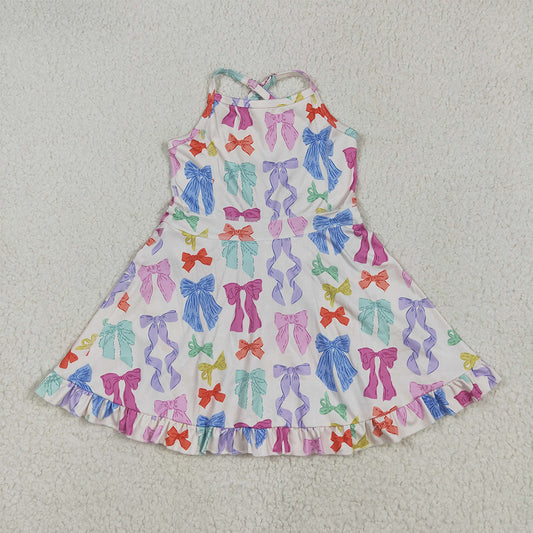 7.16 GSD2291 RTS NO MOQ Baby Girls Summer Yoga Dress Baby Girls Strap Colorful Bows Yoga Ruffle Knee Length Dresses