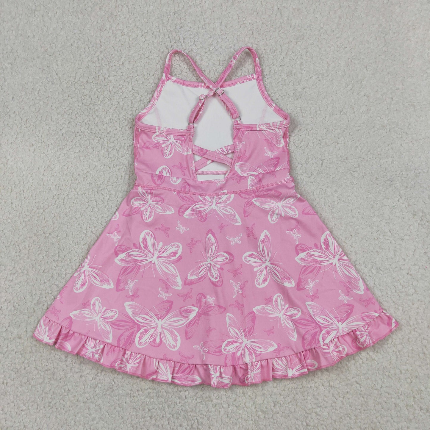 GSD2292 RTS NO MOQ （In stock）Straps pink butterfly ruffle kids girls athletic dress
