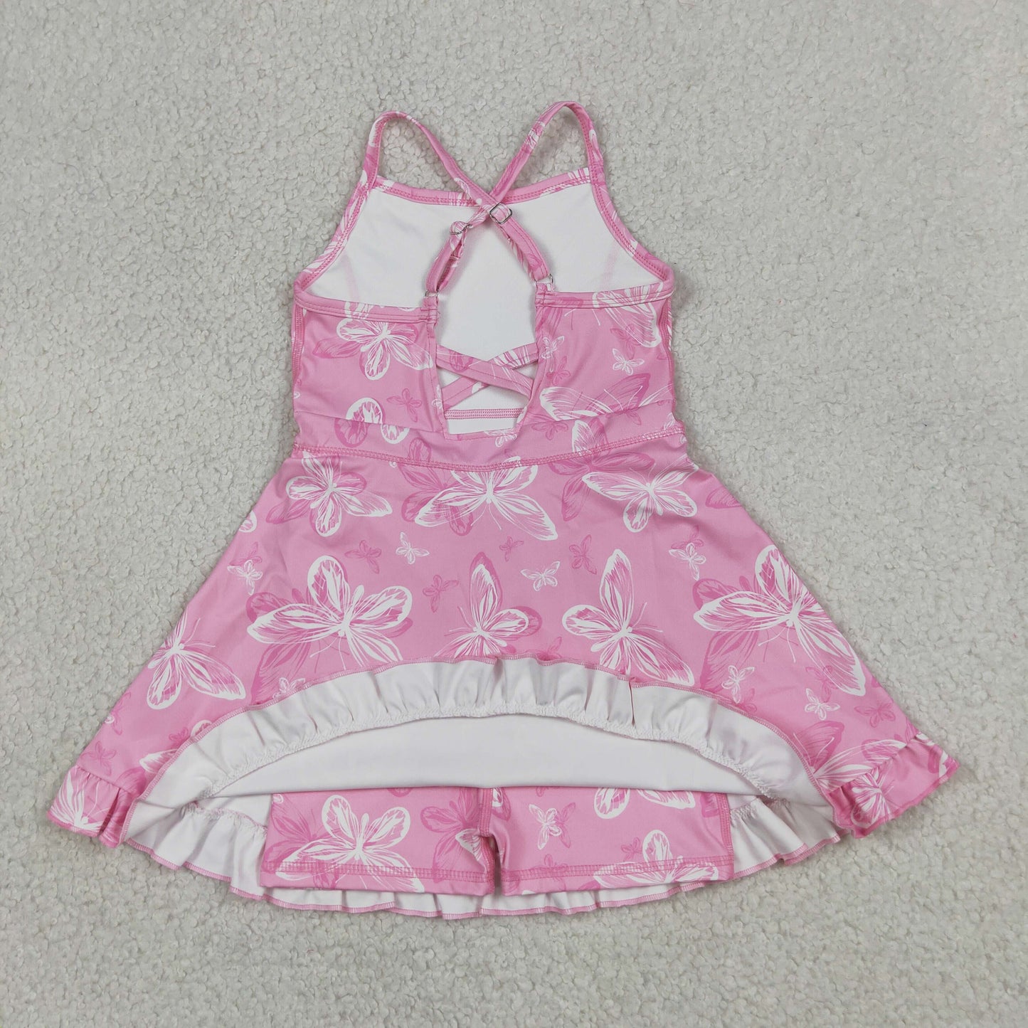 GSD2292 RTS NO MOQ （In stock）Straps pink butterfly ruffle kids girls athletic dress
