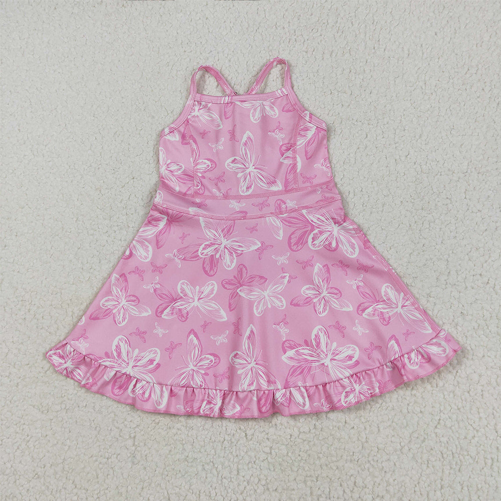 7.16 GSD2292 RTS NO MOQ  Baby Girls Summer Yoga Dress Baby Girls Pink Strap Butterfly Yoga Ruffle Knee Length Dresses