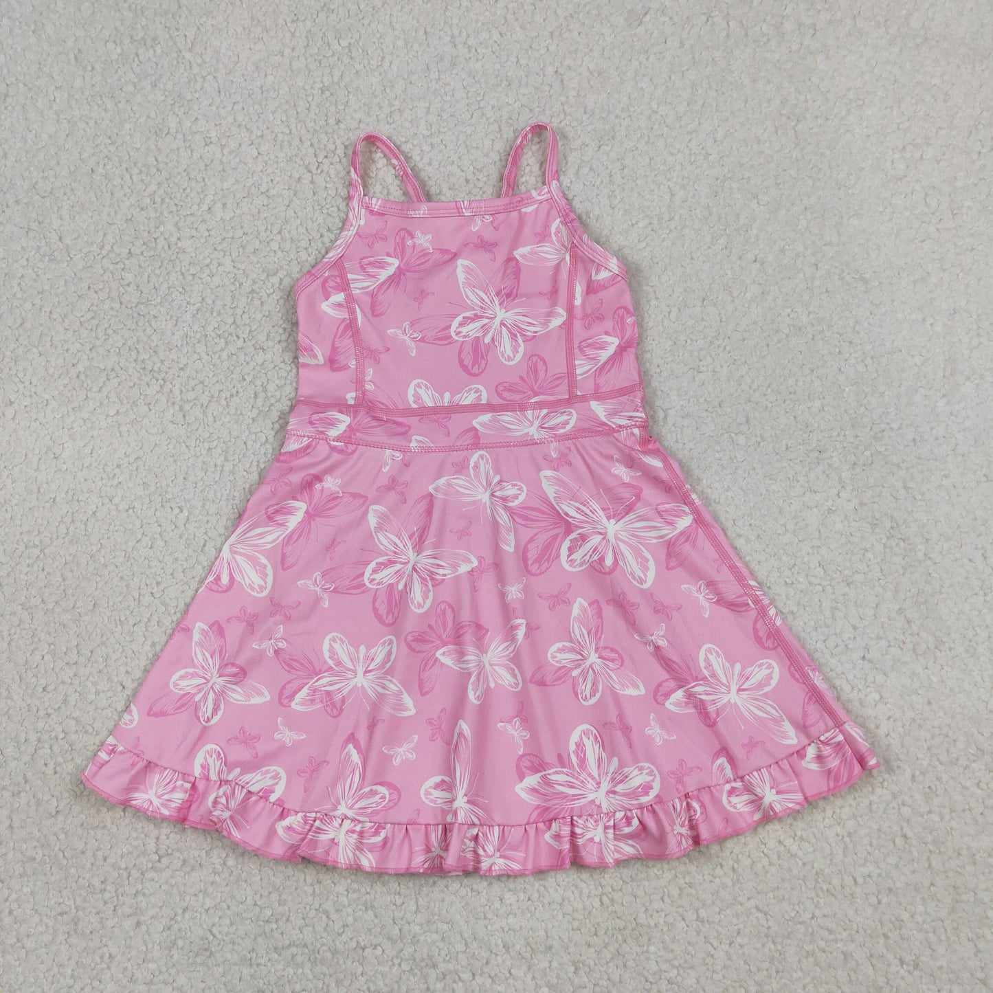 GSD2292 RTS NO MOQ （In stock）Straps pink butterfly ruffle kids girls athletic dress