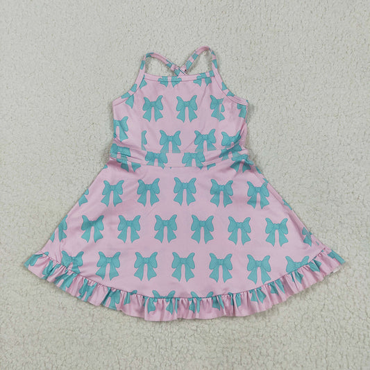 7.15 GSD2293RTS NO MOQ Baby Girls Summer Yoga Dress Baby Girls Active Wear Aqua Bow In Pink Yoga Dress