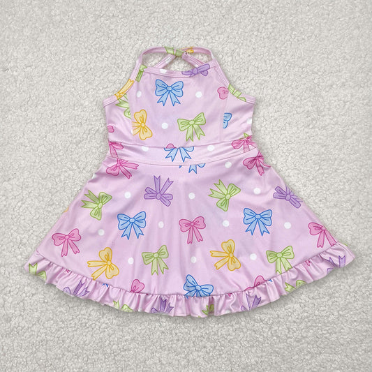 4.09 GSD2294RTS NO MOQ Baby Girls Summer Dress Straps pink polka dots bow ruffle kids girls athletic dress