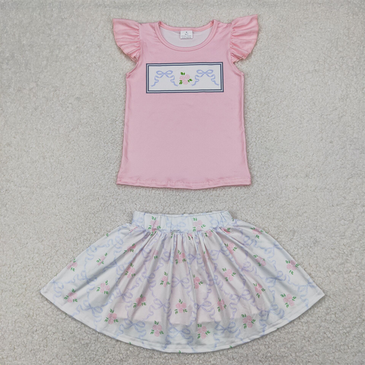 4.09 GSD2298 RTS NO MOQ Baby Girls Skirt Sets Baby Girls Summer Outfits Flutter sleeves floral bow top skirt kids girls clothes