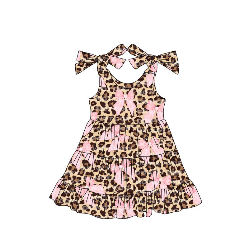 6.02   pre order Girls Leopard Bow Tunic Top with Straps And Pink Shorts Set Cute Animal Print Outfit for Kids