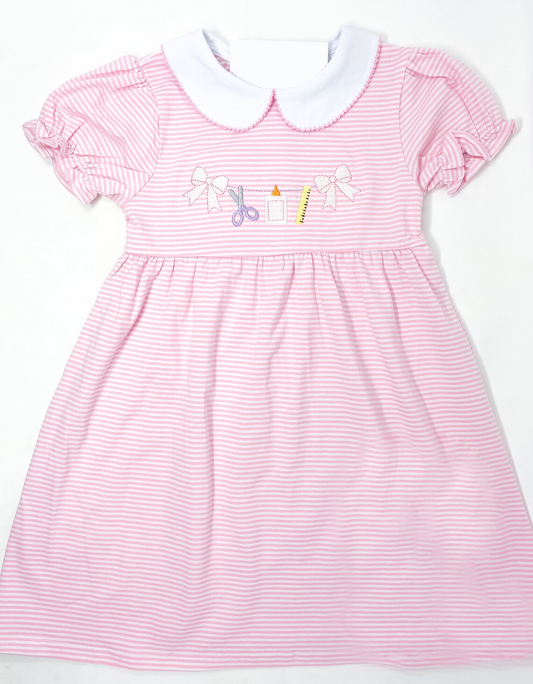 4.28 GSD2304 Pre order Pink stripe bow ruler glue kids girls back to school dress
