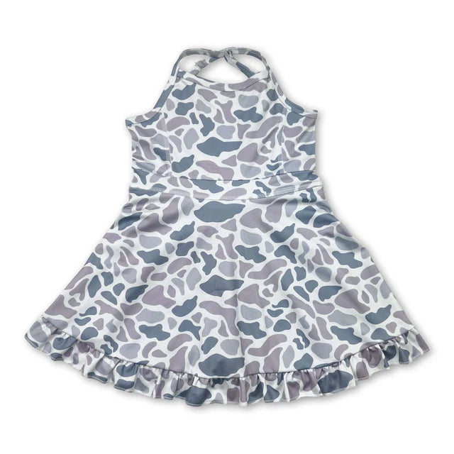 USA Warehouse (IN STOCK) Baby girls Solid color Straps floral ruffle athletic dresses and swimsuit set
