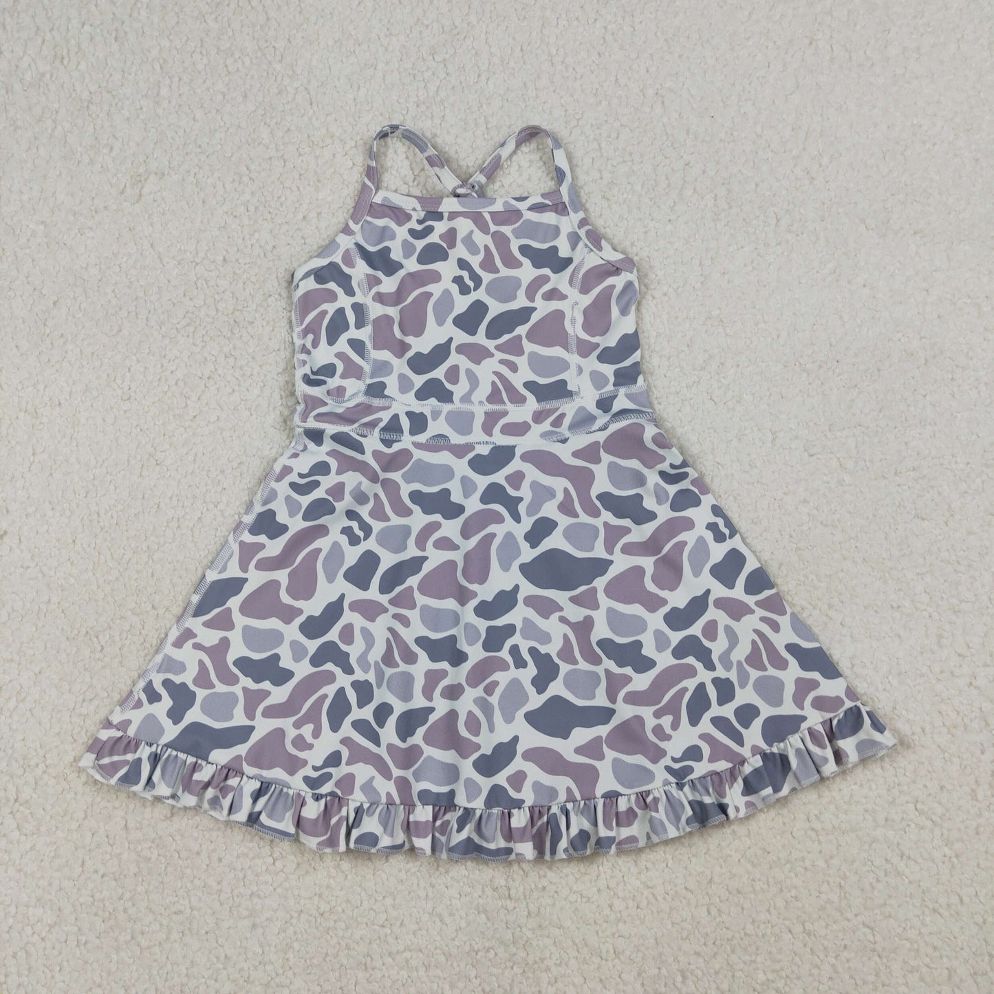 3.19 RTS NO MOQ （In stock）GSD2308 Kids Fashion Clothes Baby Girls Strap Light Gray Camo Yoga Active Shorts Ruffle Knee Length Dresses