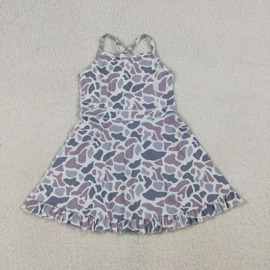 3.19 RTS NO MOQ （In stock）GSD2308 Kids Fashion Clothes Baby Girls Strap Light Gray Camo Yoga Active Shorts Ruffle Knee Length Dresses
