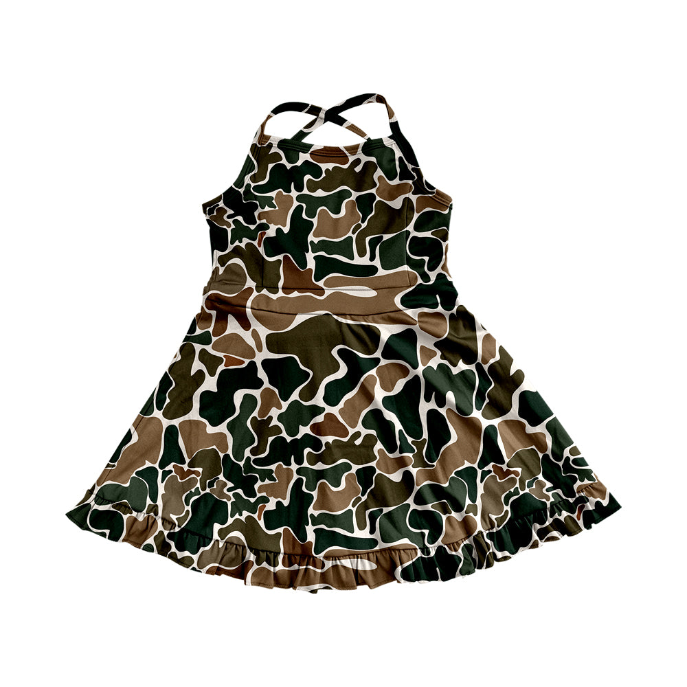 4.24 Pre order Girls Purple Camo Straps Ruffle Athletic Dress Children's Sportswear with Adjustable Straps for Comfortable Fit