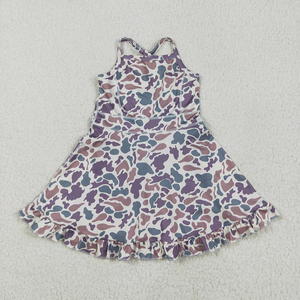 6.16  GSD2310 RTS NO MOQ Baby Girls Summer Yoga Dress Baby Girls Strap Lavender Camo Yoga Ruffle Knee Length Dresses