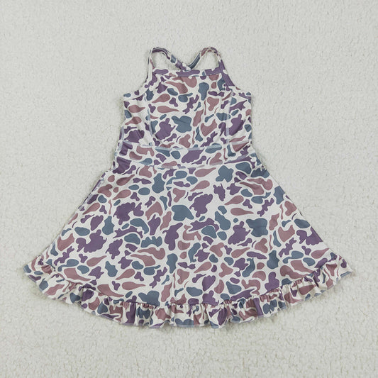 6.16  GSD2310 RTS NO MOQ Baby Girls Summer Yoga Dress Baby Girls Strap Lavender Camo Yoga Ruffle Knee Length Dresses