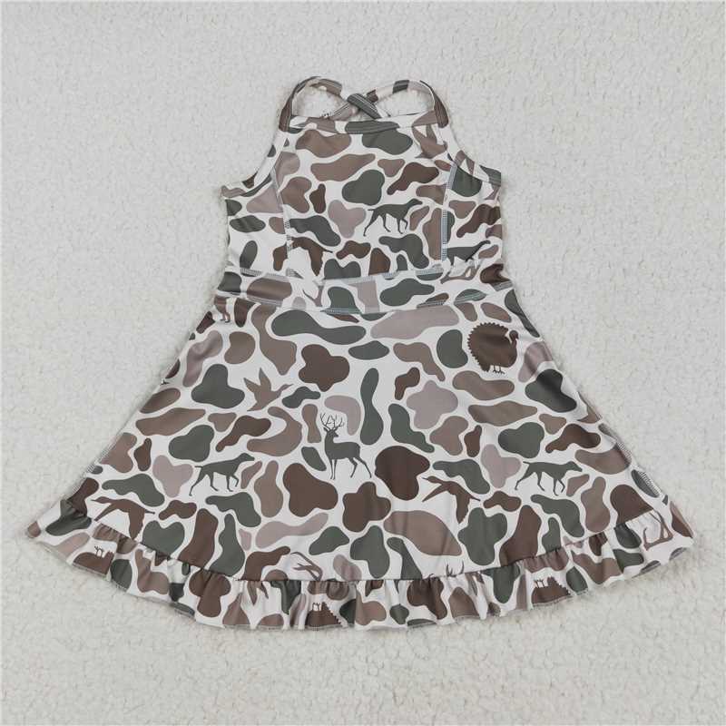 USA Warehouse (IN STOCK)GSD2311 Girls Deer Duck Camo Ruffle Dress with Straps Athletic Dress for Kids