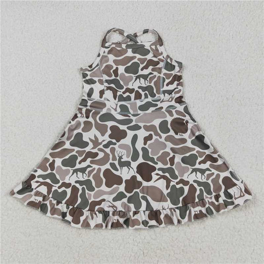 USA Warehouse (IN STOCK)GSD2311 Girls Deer Duck Camo Ruffle Dress with Straps Athletic Dress for Kids