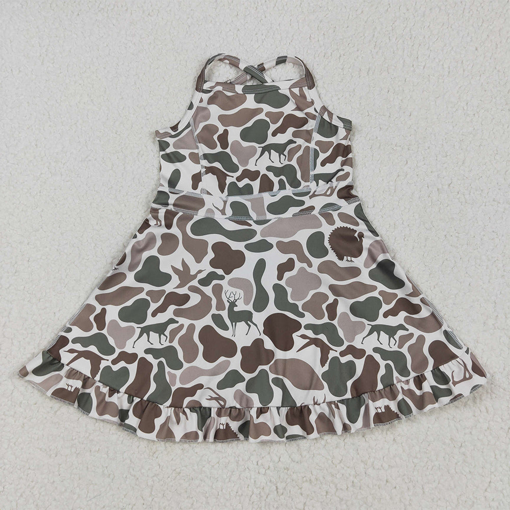 USA Shop (in stock) GSD2311 Baby Girls Summer Yoga Dress Baby Girls Strap Green Deer Dogs Ducks Camo Yoga Ruffle Knee Length Dresses