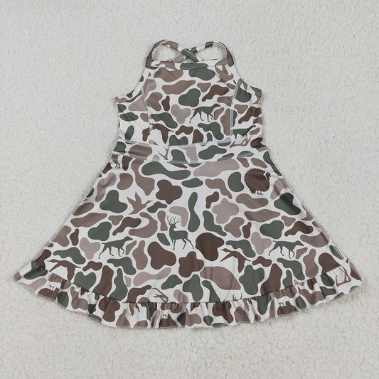 USA Shop (in stock) GSD2311 Baby Girls Summer Yoga Dress Baby Girls Strap Green Deer Dogs Ducks Camo Yoga Ruffle Knee Length Dresses